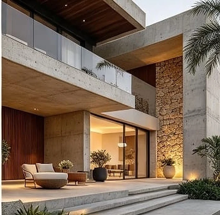 Fachada con concreto, piedra y madera