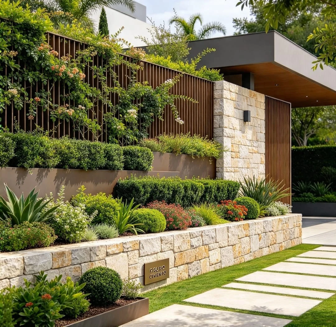 Jardín con especies ornamentales, piedra y caminamientos, imagen del catálogo