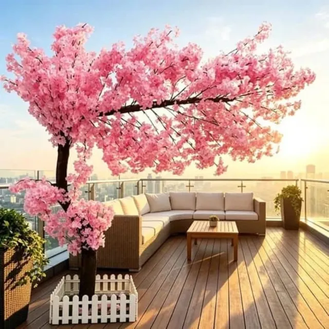 Composición de un árbol ornamental de flores rosadas en una terraza