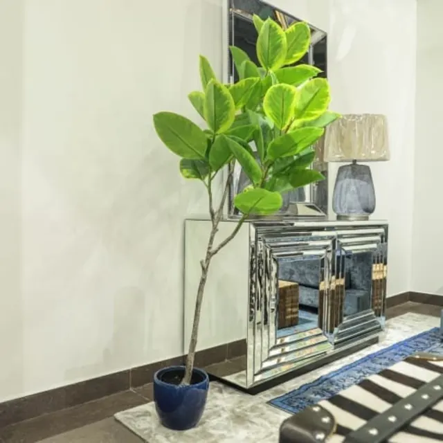 Árbol de interior en maceta azul junto a una consola