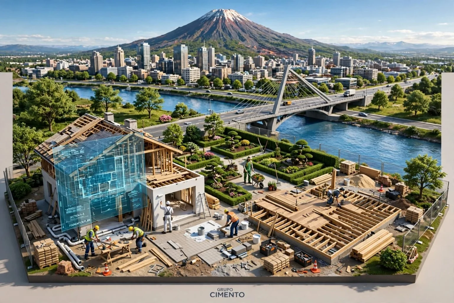 Composición ilustrativa de construcción, arquitectura y entorno