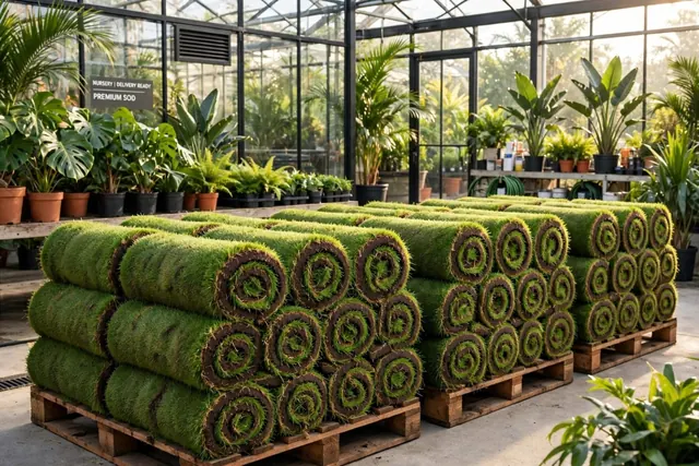 Composición de rollos de grama y plantas ornamentales en un invernadero