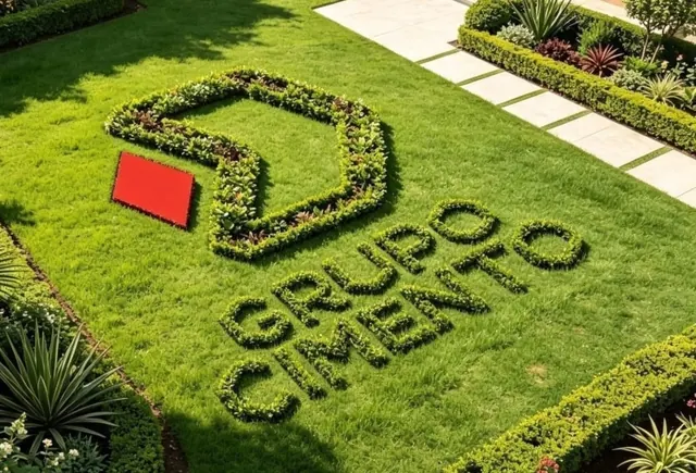 Marca Grupo Cimento formada con plantas sobre una superficie de grama