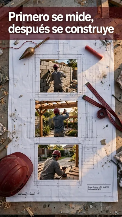 Composición de planos, herramientas y trabajos de construcción y carpintería