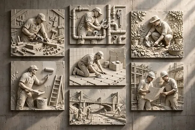 Relieve ilustrativo de carpintería, plomería, jardinería, pintura y construcción