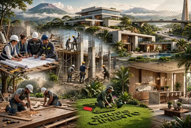Composición ilustrativa de ingeniería, carpintería, construcción y jardines
