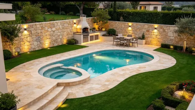 Piscina de contorno orgánico con jacuzzi circular y terraza de piedra