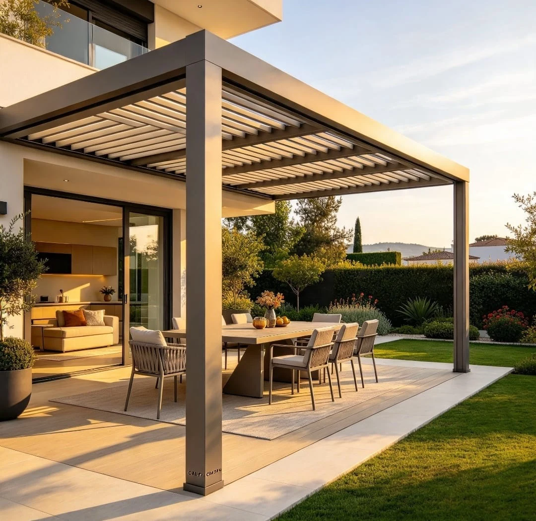 Terraza con pérgola, jardín y área de estar